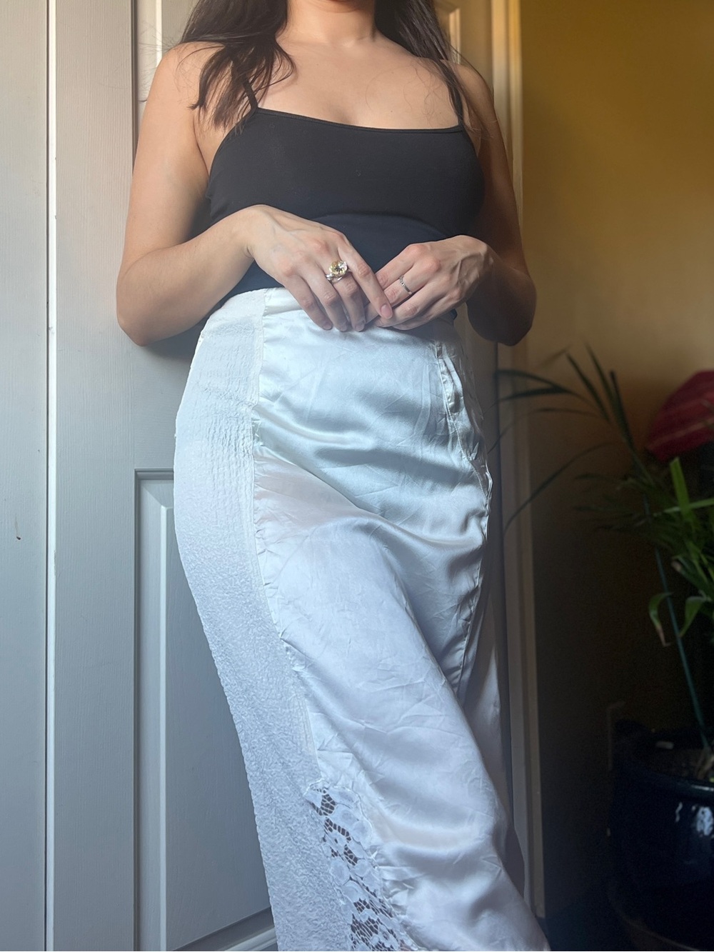Topshop White Satin Midi Skirt with Lace Panel